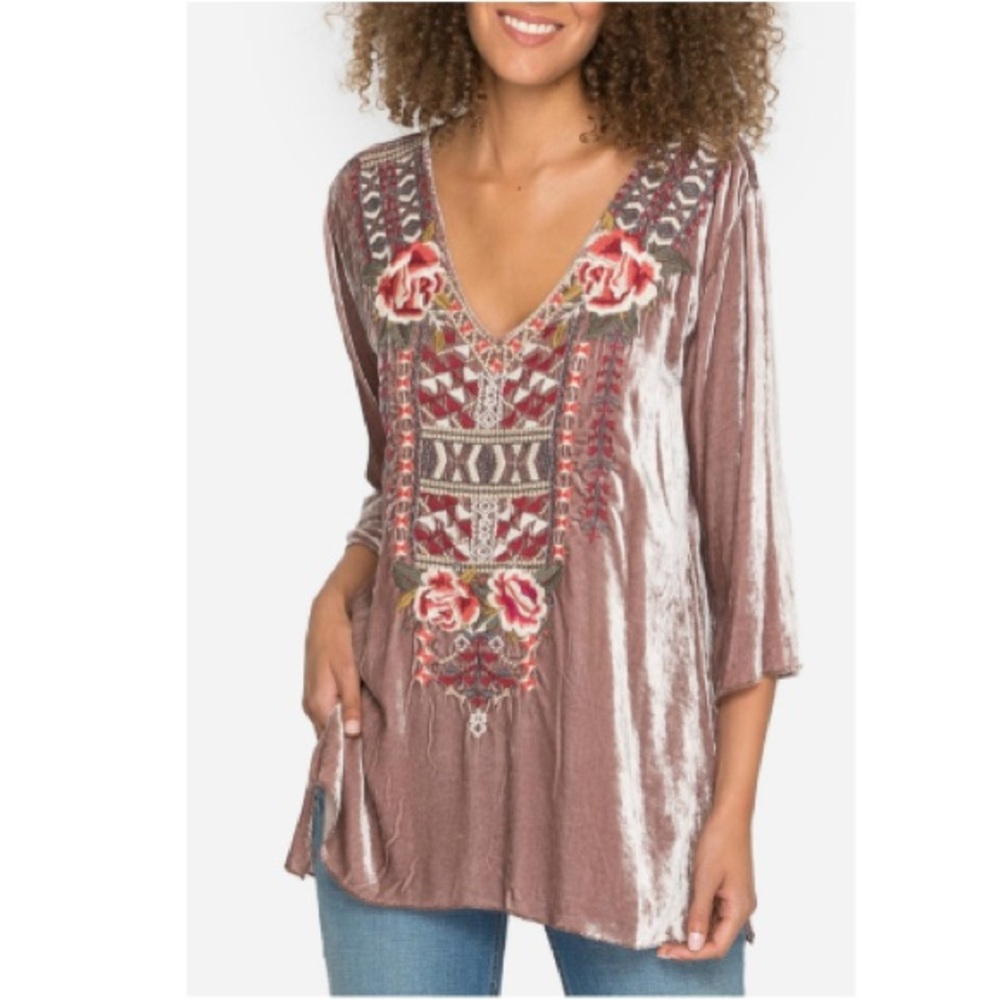 Johnny Was ROSE Embroidered VELVET BLOUSE V Neck Tunic Large